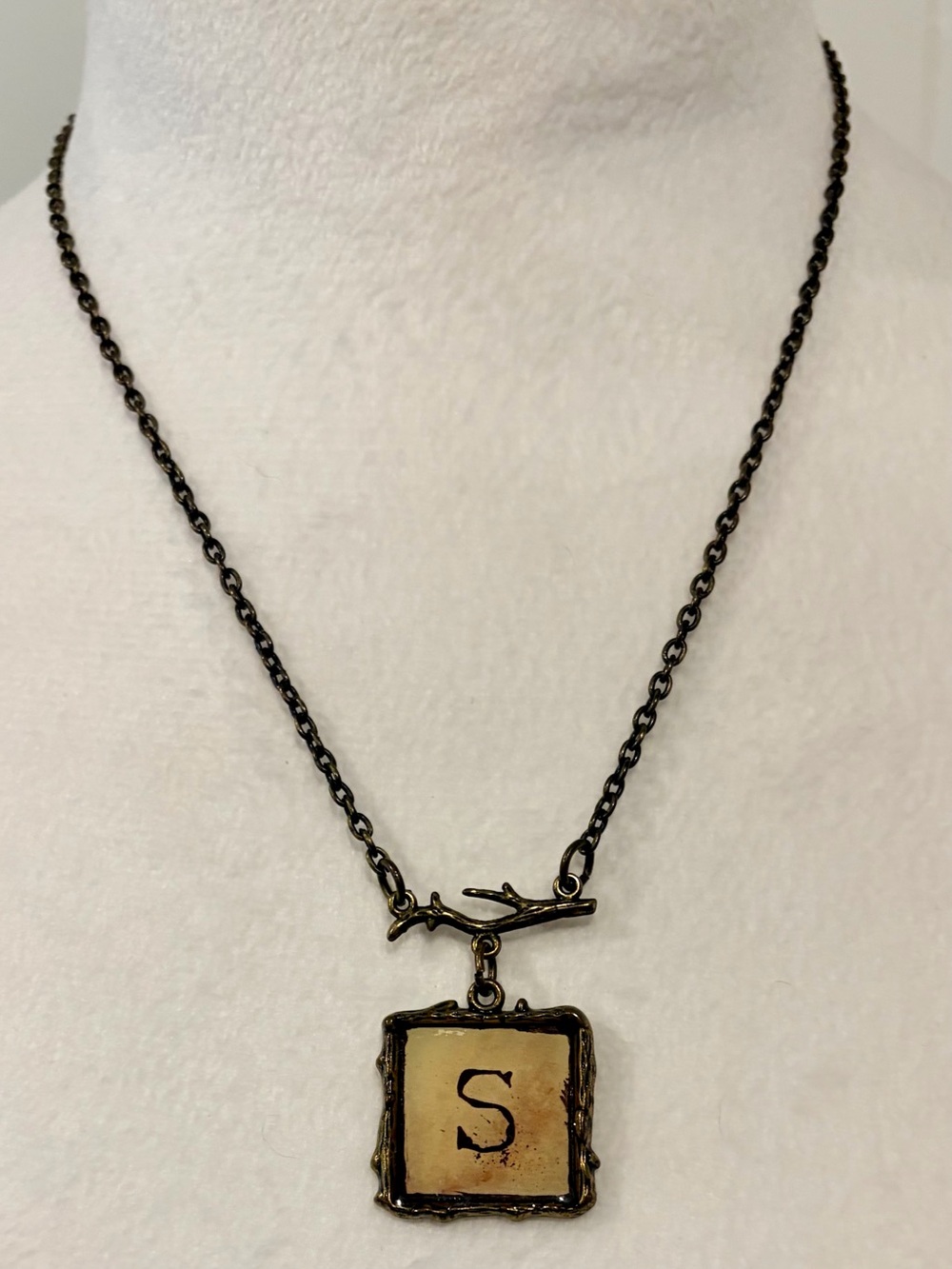 Reversible “S” Monogram Pendant Necklace with Bird Charm, Antique Brass Chain